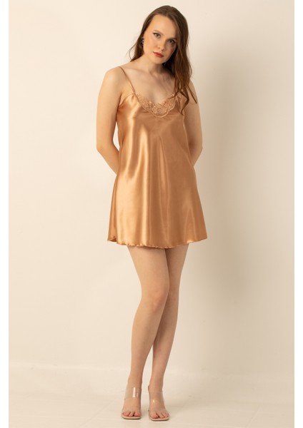Ince Askılı Güpürlü Mini Saten Gecelik modelleri