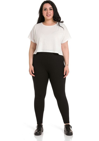 Büyük Beden Fitilli Beli Lastikli Bilek Hizasında Siyah Bayan Tayt fiyatları