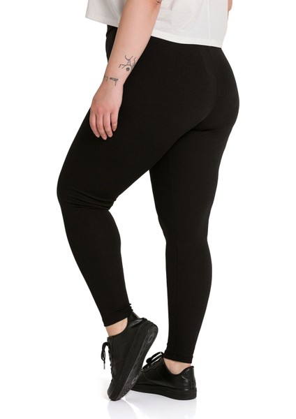 Büyük Beden Fitilli Beli Lastikli Bilek Hizasında Siyah Bayan Tayt modelleri