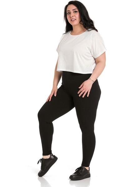 Büyük Beden Fitilli Beli Lastikli Bilek Hizasında Siyah Bayan Tayt fırsatları