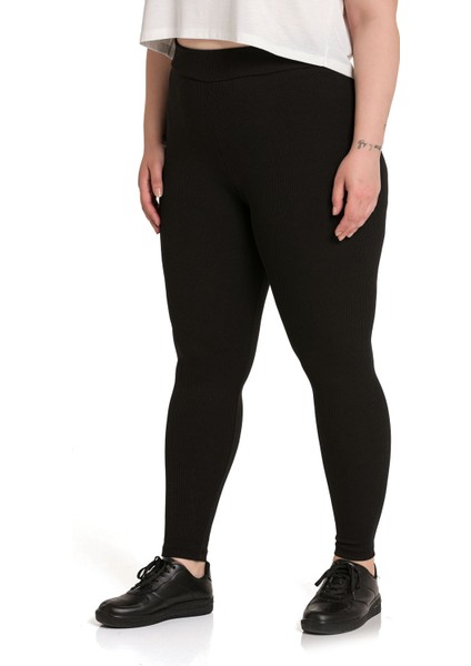 Büyük Beden Fitilli Beli Lastikli Bilek Hizasında Siyah Bayan Tayt indirimleri