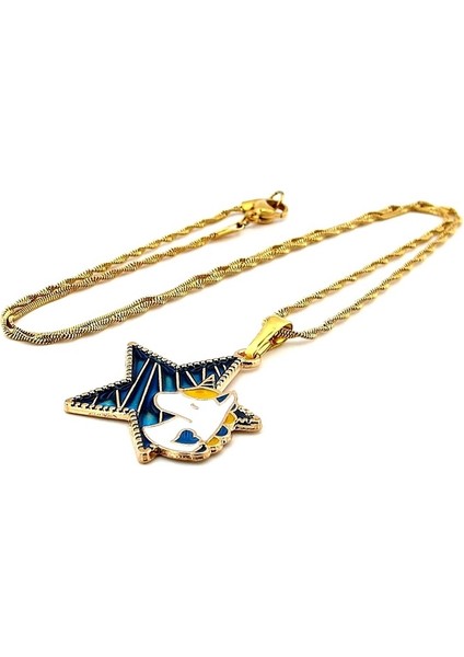 Unicorn Tek Boynuz Yıldız Sarı Çelik Kadın Kolye Zincir Q0534