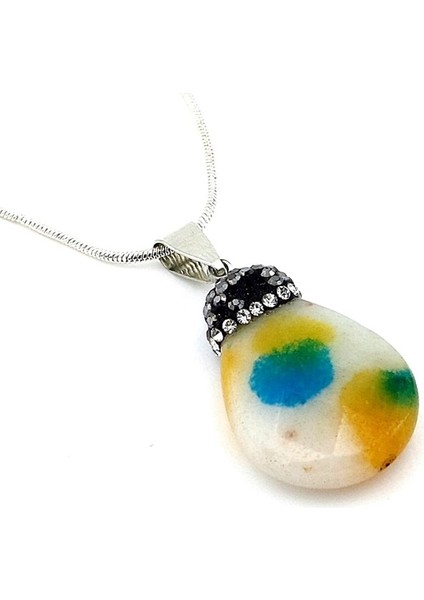 Üç Renkli Kuvars Doğal Taş Zirkon Damla Model Kadın Kolye Q0542