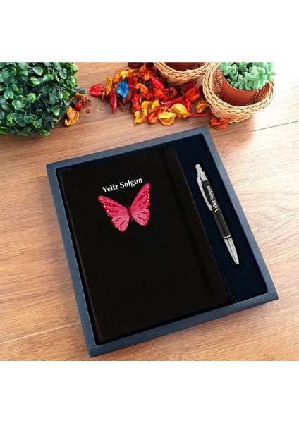 Kişiye Özel Kırmızı Kelebek Motifli Kutulu Ajanda ve Kalem Seti (PRM451
