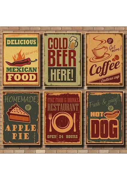 6 Lı Mdf Klasik Gıda Vintage Afiş Bar Cafe Bira Ahşap Poster