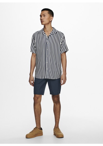 Rahat Kalıp Çizgili Lacivert Erkek Gömlek - 22013267_Onswayne Life Ss Viscose fiyatları