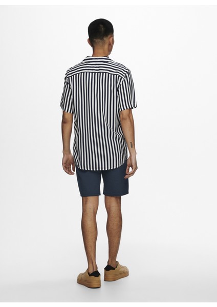 Rahat Kalıp Çizgili Lacivert Erkek Gömlek - 22013267_Onswayne Life Ss Viscose modelleri