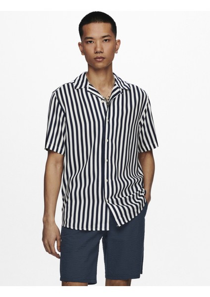 Rahat Kalıp Çizgili Lacivert Erkek Gömlek - 22013267_Onswayne Life Ss Viscose fırsatları