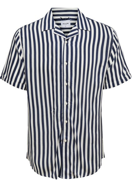 Rahat Kalıp Çizgili Lacivert Erkek Gömlek - 22013267_Onswayne Life Ss Viscose indirimleri