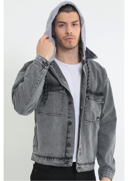 Erkek Kar Yıkama Kapüşonlu Çıkarılabilir Kapüşonlu Oversize Kot Ceket