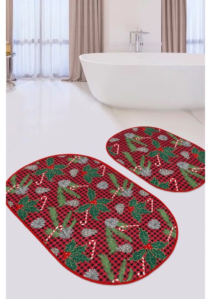 Real Homes Kırmızı Ekose Yılbaşı Tasaımlı 2'li Oval Kaymaz Tabanlı Banyo Paspas Takımı & Mutfak Paspas Seti