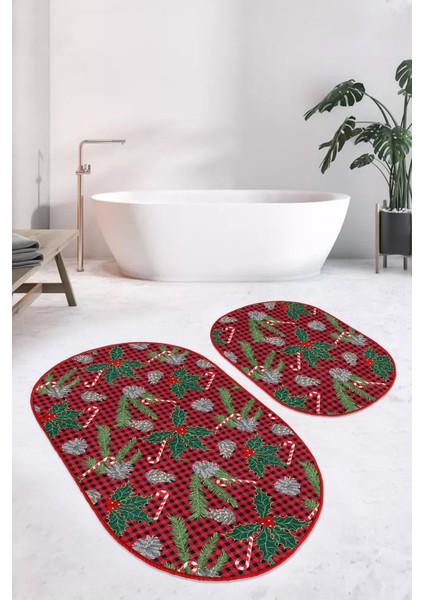 Real Homes Kırmızı Ekose Yılbaşı Tasaımlı 2'li Oval Kaymaz Tabanlı Banyo Paspas Takımı & Mutfak Paspas Seti