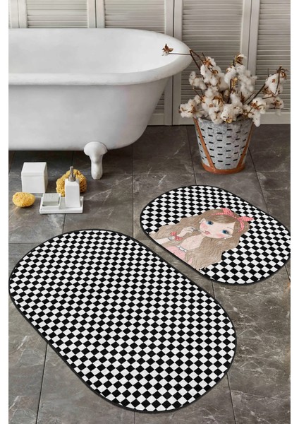 Real Homes Dama Tasarım Rujlu Kız Motifli 2'li Elips Kaymaz Tabanlı Banyo & Mutfak Paspas Takımı