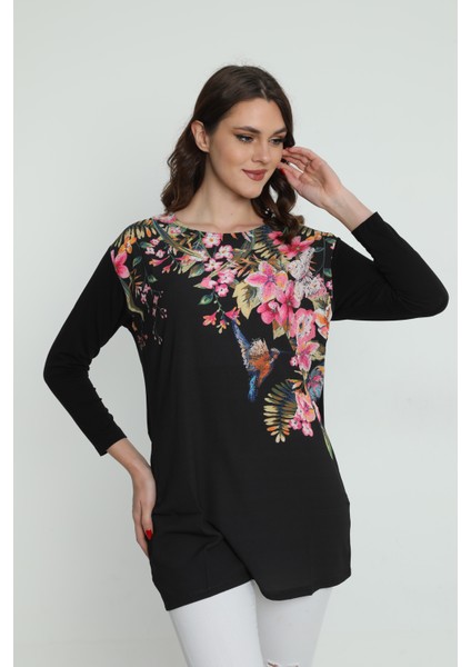 Kadın Çiçek Desenli Uzun Bluz 5010069 Siyah