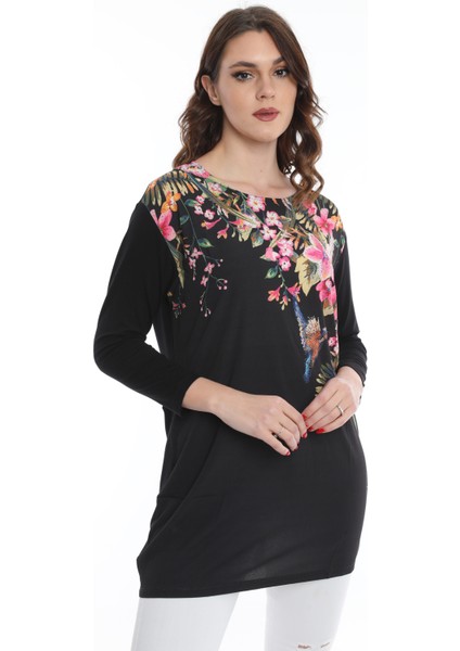 Kadın Çiçek Desenli Uzun Bluz 5010069 Siyah