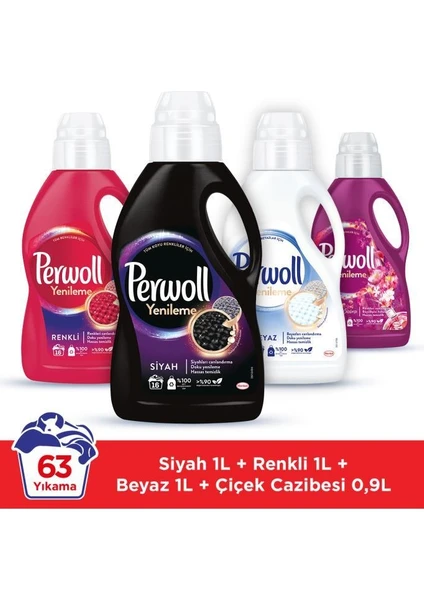 Hassas Bakım Sıvı Çamaşır Deterjanı (63 Yıkama) 3 x 1L Siyah + Renkli + Beyaz + 0,9L Çiçek Cazibesi