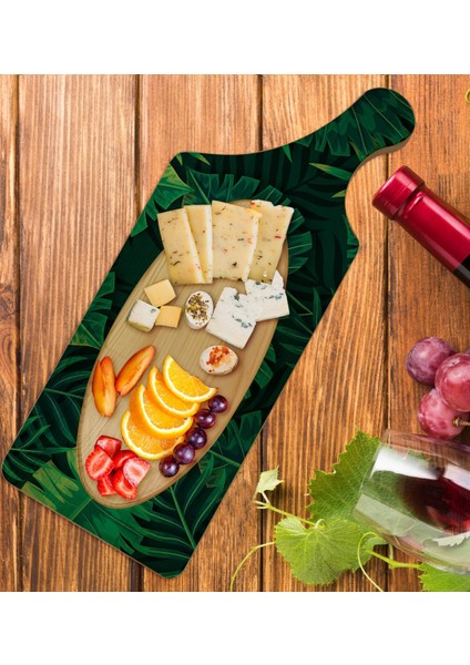 Gift Yapraklar Tasarımlı Dikdörtgen Şeklinde Doğal Ahşap Servis ve Sunum Tabağı Model 10