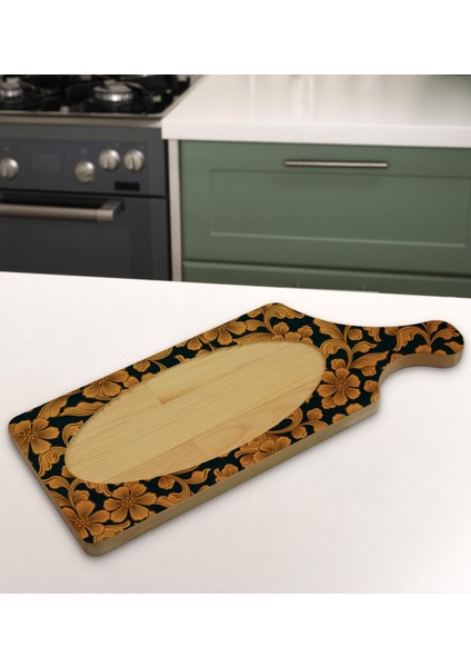 Gift Retro Motif Tasarımlı Dikdörtgen Şeklinde Doğal Ahşap Servis ve Sunum Tabağı Model 15