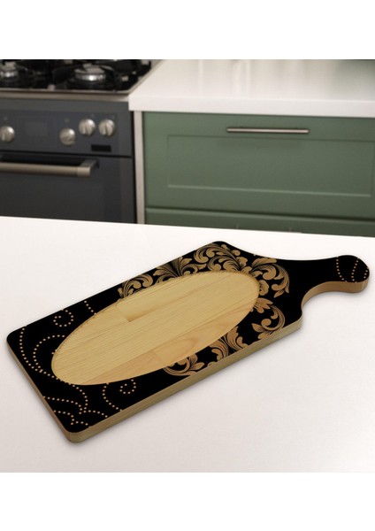Gift Retro Motif Tasarımlı Dikdörtgen Şeklinde Doğal Ahşap Servis ve Sunum Tabağı Model 10