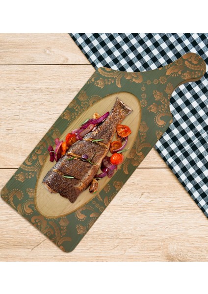 Gift Retro Motif Tasarımlı Dikdörtgen Şeklinde Doğal Ahşap Servis ve Sunum Tabağı Model 5