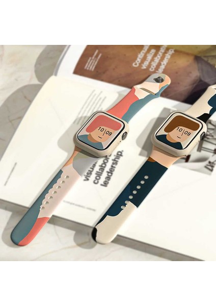 Apple Watch 3 42MM Ile Uyumlu Foden Renkli Desenli Kordon Blue Ink modelleri