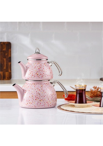Emaye Midi Terazzo Pembe Çaydanlık Takımı