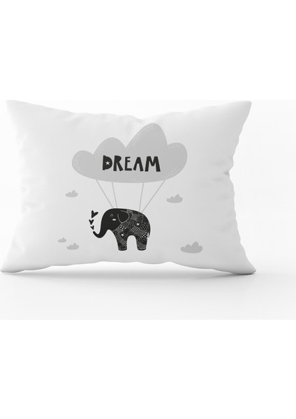 Siyah Beyaz Fil Figürlü Çocuk Kırlent Yastık Kılıfı - CGH088-3550 Çift Tarafı Baskılı