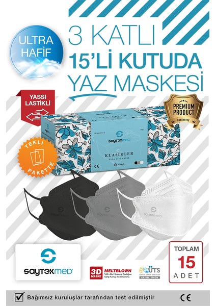 Klasikler, Meltblown Filtre, Özel Tasarım ve Renkler Maske (1 Kutu/15 Adet)