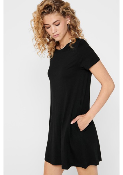 % 100 Pamuklu Cepli Regular Fit Bisiklet Yaka Mini Elbise Bayan Elbise 15202971