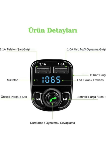 Deppo Trend X8 Araç Fm Transmitter Bt/Usb/Mp3/Sd Kart Çakmaklık Girişli