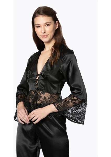 Saten Dantelli Pijama Takımı - 1100 Siyah