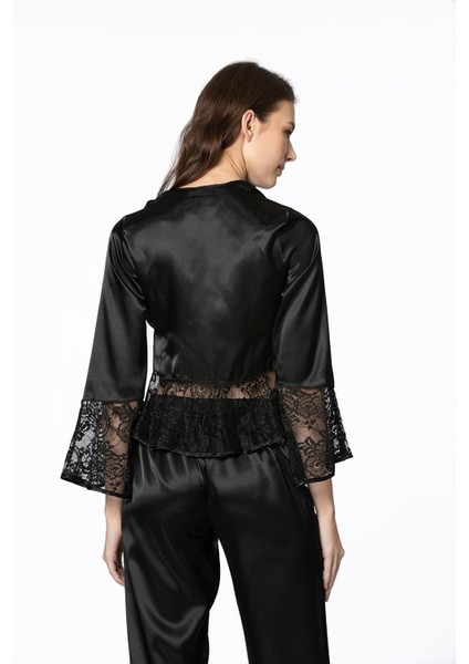 Saten Dantelli Pijama Takımı - 1100 Siyah
