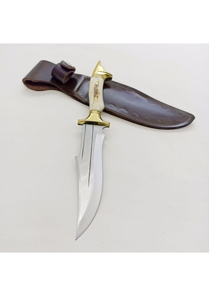 El Yapımı Kamp Bıçağı Kurt Başlı Geyik Boynuzu Kabzeli Paslanmaz Av Bıçağı Deri Kılıflı Bıçak