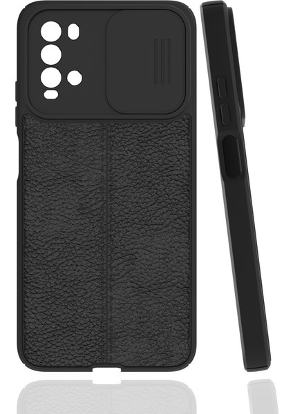 Xiaomi Redmi Note 9 4g Kılıf Sürgülü Niss Slide Kamera Korumalı Deri Görünümlü Leke Tutmaz Lüks Silikon Siyah