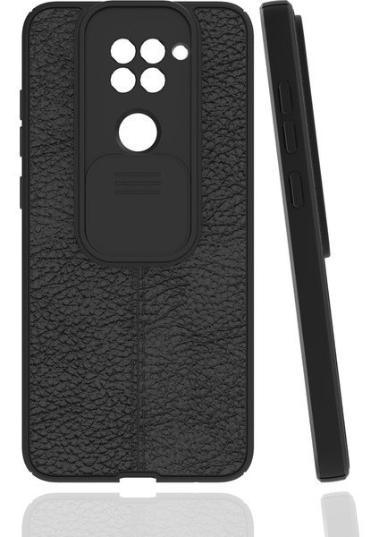 Case 4U Xiaomi Redmi Note 9 Kılıf Sürgülü Niss Slide Kamera Korumalı Deri Görünümlü Leke Tutmaz Lüks Silikon Siyah