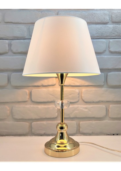Gold Kaplama Klasik Metal Ayaklı 30'luk Beyaz Şapkalı Abajur Masa Lambası Model-2