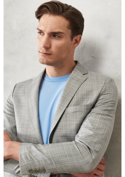 ALTINYILDIZ CLASSICS Erkek Gri-mavi Ekstra Slim Fit Dar Kesim Mono Yaka Kareli Klasik Takım Elbise