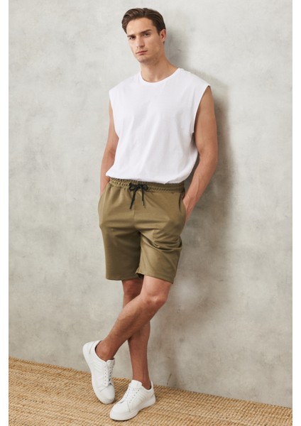 Erkek Haki Standart Fit Günlük Rahat Spor Örme Şort