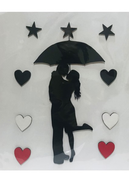 Şemşiye Altındaki Aşıklar Temalı Ahşap Duvar Dekoru 30X15 cm
