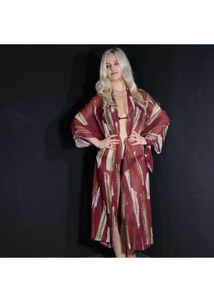 Paredora Bordo Fırça Desenli Kimono Pareo
