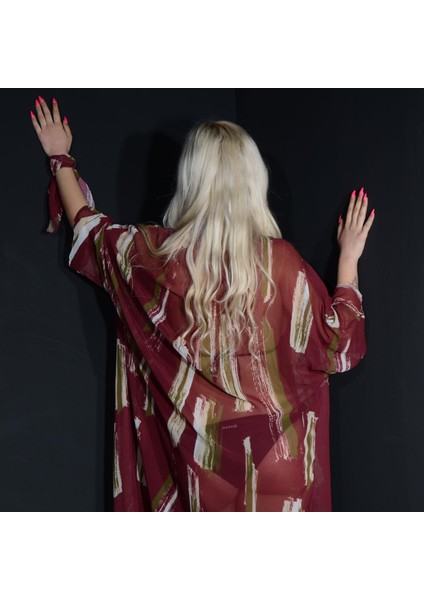 Paredora Bordo Fırça Desenli Kimono Pareo
