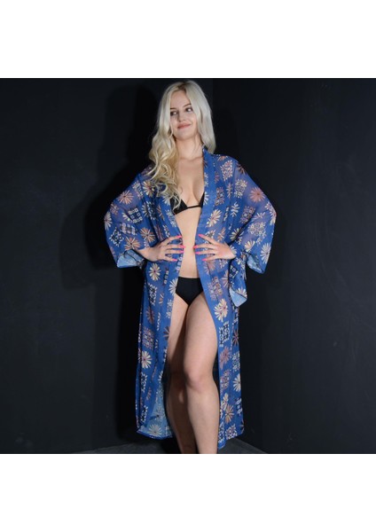 Paredora Mavi Geometrik Desenli Kimono Pareo