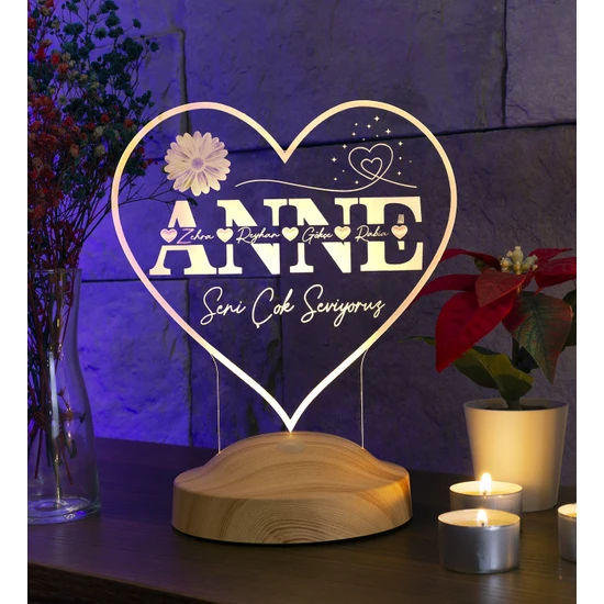 Sevgi Lambası Kalp Şeklinde Anneler Günü Hediyesi, Kişiye Özel Anneye Hediye Isim Yazılı LED Lamba