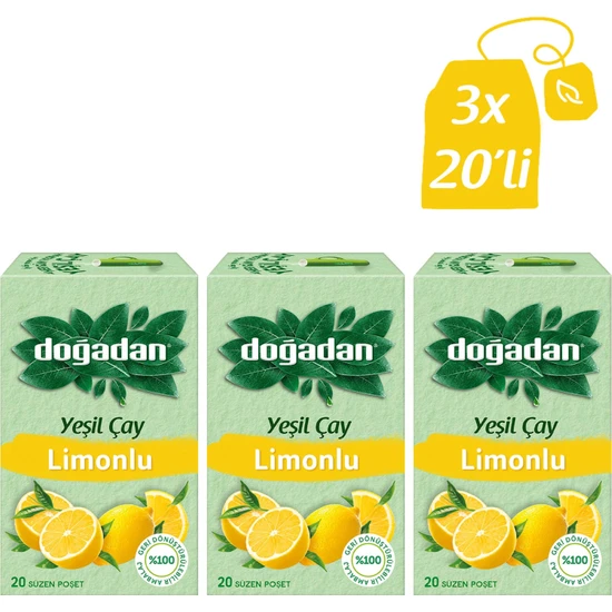 Doğadan Yeşil Çay Limonlu 20’li Bardak Poşet X3