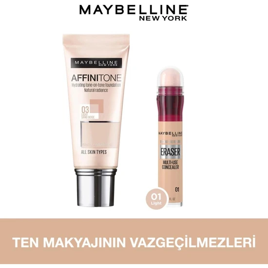 L'Oréal Paris New York Affinitone Fondöten, 03 Light Sandbeige + Instant Anti Age Eraser Kapatıcı - 01 Light