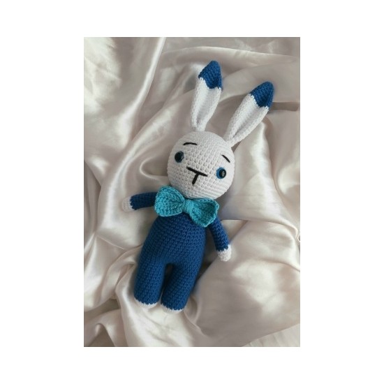 Ruhurevan Mavi Papyonlu Minik Tavşan, Uyku Arkadaşı | Sağlıklı Amigurumi Örgü Oyuncak