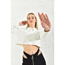 Moviment Ekru Polo Yaka Crop Bluz