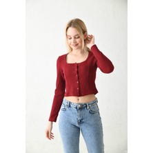 Moviment Bordo Düğme Detaylı Örme Crop Bluz