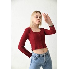 Moviment Bordo Düğme Detaylı Örme Crop Bluz