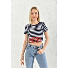 Moviment Lacivert Bisiklet Yaka Baskı Detaylı Crop Bluz